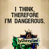 grundyscribbling: combined shields of Ravenclaw and Slytherin, text: I think, therefore I'm dangerous (hp - slytherclaw cogito)
