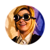 persiflage_1: Thirteenth Doctor wearing welding goggles against a rainbow background (13th Doctor - Jodie Whittaker)