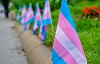 walgesang: a row of small trans flags along a sidewalk (trans pride)