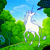 sporky_rat: The last unicorn against the blue sky and green hills of her forest (the last unicorn)