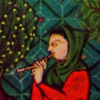 cimorene: medieval painting of a person dressed in red tunic and green hood playing a small recorder in front of a fruit tree (medieval)
