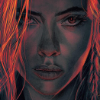 marvelfemslashmod: B&W close up of Natasha's face with neon red/orange hair from the Black Widow poster revealed at CCXP 2019 in São Paulo, Brazil. (Char:Nat)