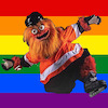 seascribble: orane fuzzy mascot with arms spread wide on a rainbow background (gritty gay)