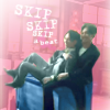 tinny: Bai Yu and Zhu Yilong during the Guardian poster shoot where Bai Yu pulls Zhu Yilong off balance and off his lap, with the text "skip skip skip a beat" (guardian_zhubai eeee skip a beat)