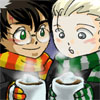 drgaellon: Harry and Draco drink hot chocolate, drawn by yumekutteikt (YumeKutteIkt H/D)