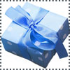 opalmatrix: A boxed wrapped as a gift with pale blue paper and darker blue ribbon (present)