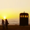 peoriapeoriawhereart: tardis silhouetted with two figures to the side (tardis panorama)