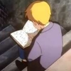 hisblueskies: Blond boy reading book, sitting on stairs facing away from viewer. (In a Book)