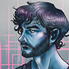 wholeanddeadly: an illustration of Will Graham from the show 'Hannibal', all in shades of blue with pink graphic lines in the background.  He wears a determined expression. (Him)