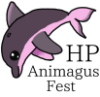 hp_animagus_fest: A pink cartoon Amazon River Dolphin jumping over text that reads "HP Animagus Fest" (Default)