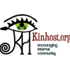 crisses: A stylized eye with 2 silhouetted people-icons in the iris holding hands with stylized letters K+H flowing down from it. "Kinhost.org encouraging internal community" (Default)