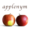 applenym: Two red apples leaning toward each other as if talking. Text above reads "applenym." (Default)