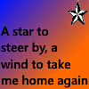 senmut: An orange-blue gradient field, with a black and white star in the right upper corner, reading "A Star to Steer By, A Wind to take me home again" (General: One More Time)