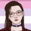 khaya: Illustration of a pale, femme-ish person with round glasses, long straight brown hair, pierced lip and brow, a night sky choker necklace, a red plaid flannel, and a cell phone. Background is bigender pride flag. (Default)