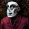 frausorge: painting of a gray-faced figure in a maroon suit with shocked bulging eyes (believe)