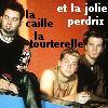 frausorge: Chris Kirkpatrick, Lance Bass, and JC Chasez looking down from a balcony, with text "la caille, la tourterelle, et la jolie perdrix" (blonde snc)