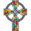 yrieithydd: Celtic cross with the knot work in red, orange, yellow, green, blue and purple as with the Pride flag (Rainbow Cross)