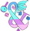 theloyalpolyplex: Large ampersand in the descending colors of light blue, light turquoise, light purple, and light red. Surrounding it are a d20, a d8, a d4, and 2 d6's, as well as a magnifying glass. There are fairy wings on the ampersand. All surroundings are in the same 4 colors. (flag, icon, plural, pride, systemception)
