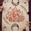 witchofthebough: An illustration of pink crystals circled by two feathers, opposing crescent moons on the bottom and top, while two arrows rest behind the crescents. (Crystals Bound in Nature)