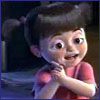 elbales: Boo from Monsters Inc., clasped hands at one shoulder, looking charmed by something (Boo charmed)
