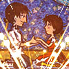 suzume: Horatio and Jane with sparkling lights in both the background and foreground (And all the stars were crashing round)