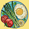 mific: Turquoise plate with fried egg, asparagus, tomatoes and lemon on it. (Food plate)