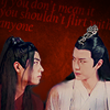 wearing_tearing: dark red background with wei wuxian and lan wangji staring at each other in the xuanwu cave. ([cql] wangxian)