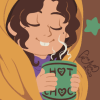 pineaura: A cozy doodle of myself wrapped up in a warm yellow blanket, holding a green mug that has the word "Hot Choco" written on it. (cozy)