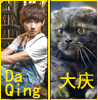 amedia: On the left: Da Qing in human form, a young man in white shirt and overalls. Caption: Da Qing. On right: Da Qing in cat form, stout dark cat with folded ears. Caption: Chinese characters for Da Qing. (Guardian: DQ1)