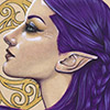 arethinn: a feminine face with purple hair and a pointed ear, seen in profile (otherkin (purple hair))