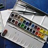 ysilme: Well-used watercolour paintbox lying open with brushes. (Watercolour)