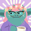 tellingetienne: a small teal gremlin with cateye glasses and a cup of coffee (gremlin)