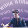 china_shop: A Chinese man (An Bai) sits at a desk, holding a brush. The words "work work work work" are written in the background. (Guardian - work work work)