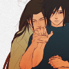 anaraine: Senju Hashirama leaning over a hesitant Uchiha Madara's shoulder to kiss the back of their intwined hands. ([naruto] selfish desire)