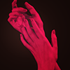 mizerable: a black and red gradient photo of a pair of hands (lady macbeth's words)