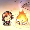 kareila: a girl standing next to a sleeping campfire (cozy)
