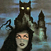 kissecat: spooky castle with a long haired person at the front (castle)