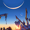 passingbuzzards: Starships in a junkyard at sunset with Tatooine's moons overhead. (sw: tatooine junkyard)