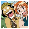 jame_alec: Nami and Usopp from One Piece looking happy and holding hands, with a :D at the bottom left (Nami and Usopp - :D)