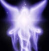 anhed0niac: white and purple ethereal silhouette of an angel with a black background and a white glow coming from from the center of the angel (ethereal)