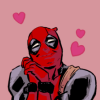 sabcatt: An icon of Deadpool with his hands clasped by his cheek, a gooey expression under his mask, and hearts over his head on a dusty pink background. (deadpool [hearts])