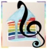 ingredientsfest: an image of a slice of a rainbow-themed cake with a treble clef wrapped around it at a diagonal, inside a rainbow border. (cake)