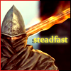 honigfrosch: A man wearing a silver helmet and rough brown cloth which is wrapped around the lower half of his face for protection, carrying a flaming sword. Added text says "steadfast". (gaming)