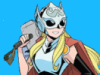 templefugate: Icon of Jane Foster Thor smiling and holding Mjolnir against a blue background (janefoster)