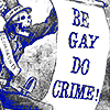 gloss: Etching of a skeleton holding a scroll urging us to be gay and do crime (Gideon the Ninth)