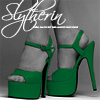 chokolattejedi: Black and white picture of person wearing colorized green platform heels, swirly white text "Slytherin" (HP - Slythy Heels)