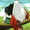 chokolattejedi: Image from the anime of Inuyasha and Kagome sitting together on a tree, looking out over the rice paddies, their backs to the viewer (Inuyasha - InuKag Tree)