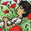 suzume: A brown-haired man lying in a field of red poppies (where the red poppies grow)