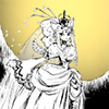suzume: lovely cat-lady in a fantastic dress standing in front of the full moon (moon queen)