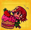 suzume: Chibi red-haired character stabbing a fork into the strawberry of a piece of cake almost as big as he is (Cake!!!)